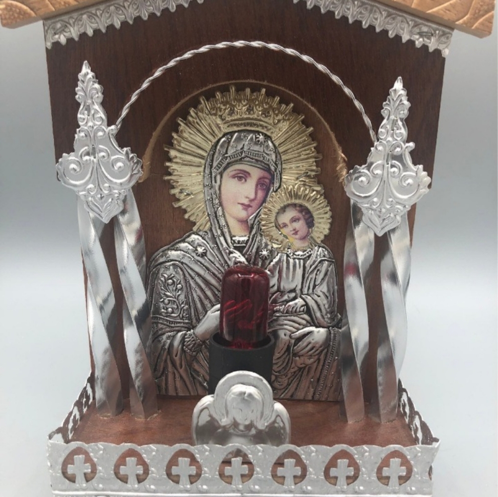 Traditional Greek Ortho Wall Hanging Wooden Home Vigil w Electric Candle Icon